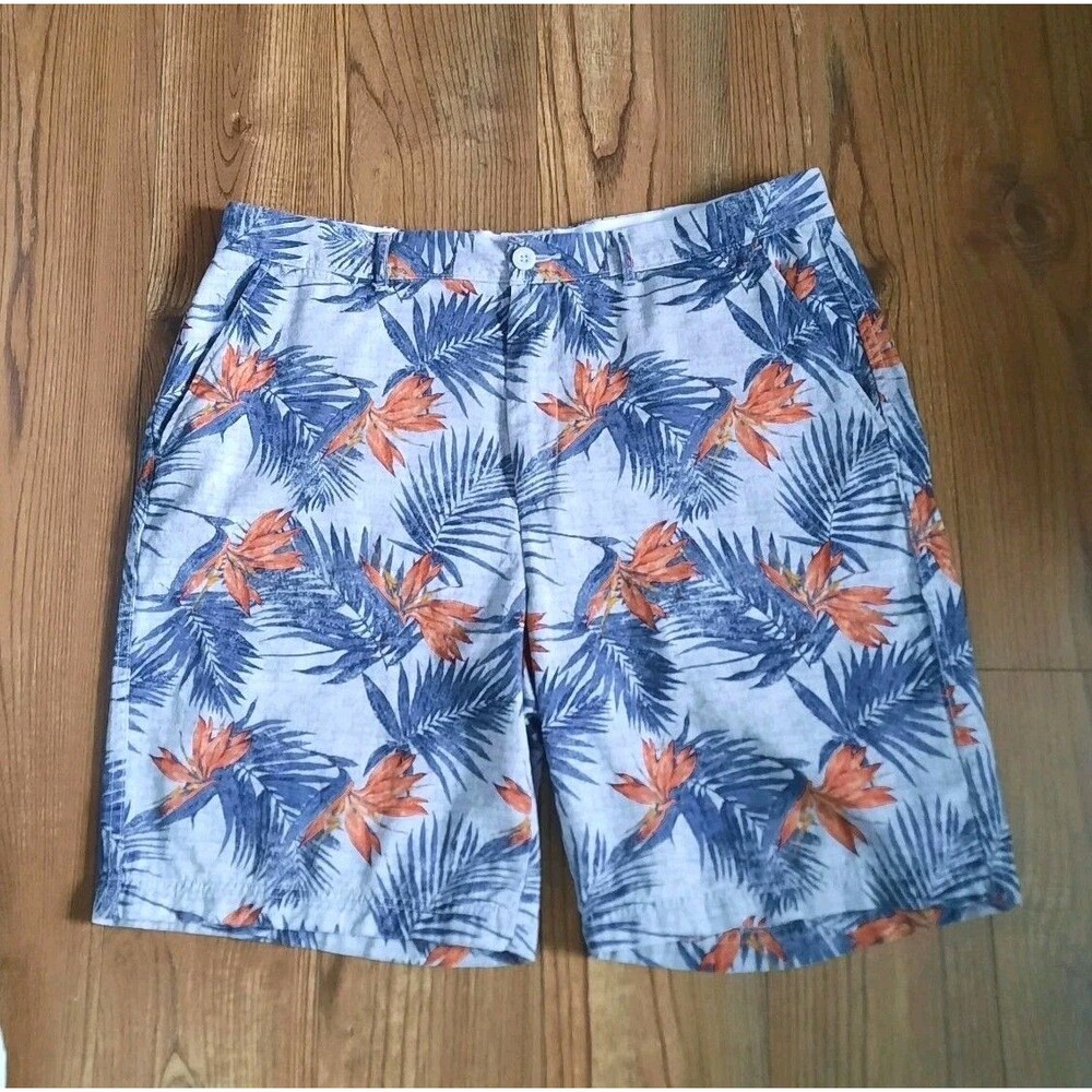 St John’s Bay Legacy Shadow Leaf Flat Front Gray Blue Orange Chino Shorts Men 38